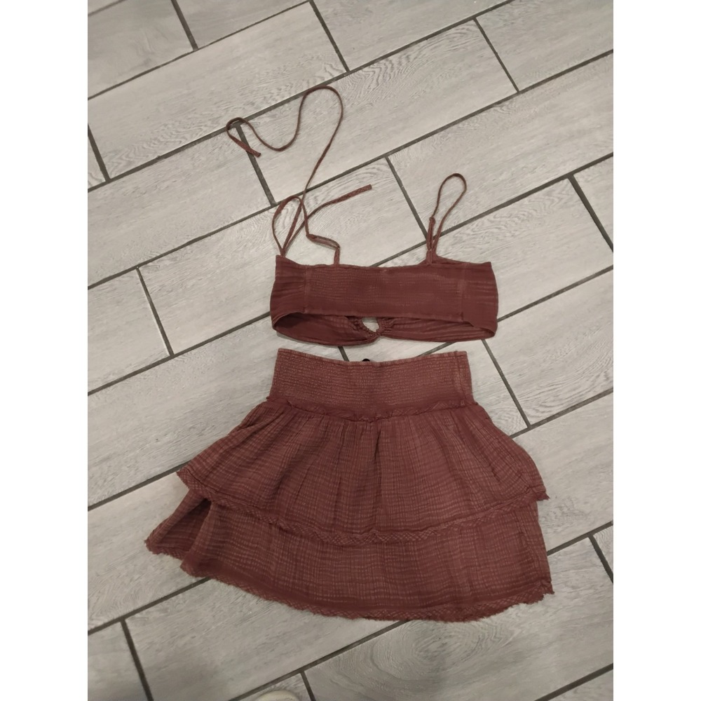 Anthropologie Brown Textured Gauze 2 Piece Set Crop Top Tiered Mini Skirt Medium - Picture 5 of 6